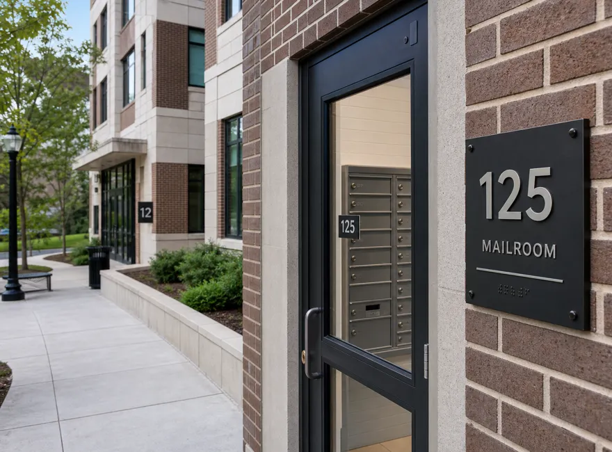 Durable room numbers, building numbers, and metal address signs for campus mailrooms, student housing, and facility entrances.