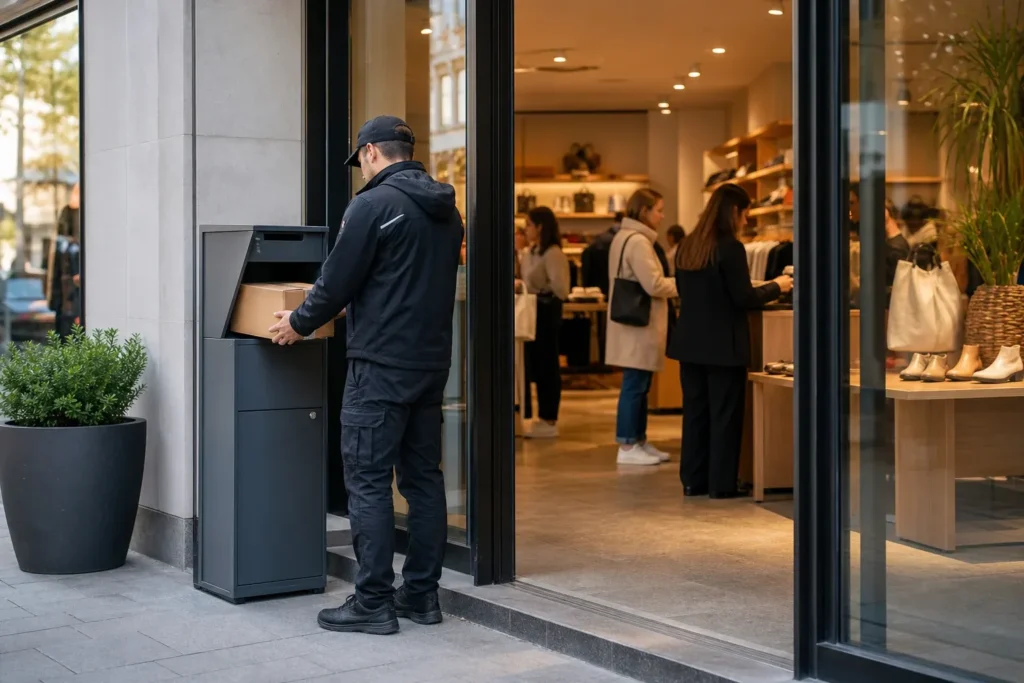 Courier placing a parcel into a secure box outside a retail entrance while staff are busy inside