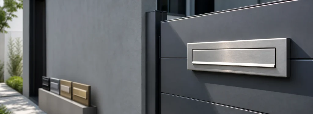 Surface mounted metal mail slot installed on a modern entrance door and panel for clean front mounted mail delivery