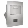 Through wall commercial drop chute with stainless front panel upper drop door lower window and rear angled chute