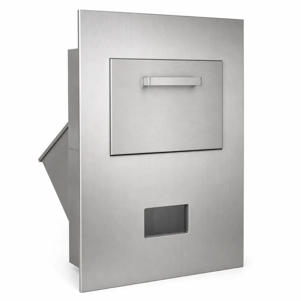 Through wall commercial drop chute with stainless front panel upper drop door lower window and rear angled chute