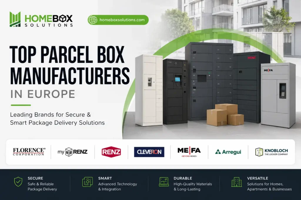 Top parcel box manufacturers including Florence RENZ Cleveron MEFA and HomeBox Solutions for secure parcel delivery