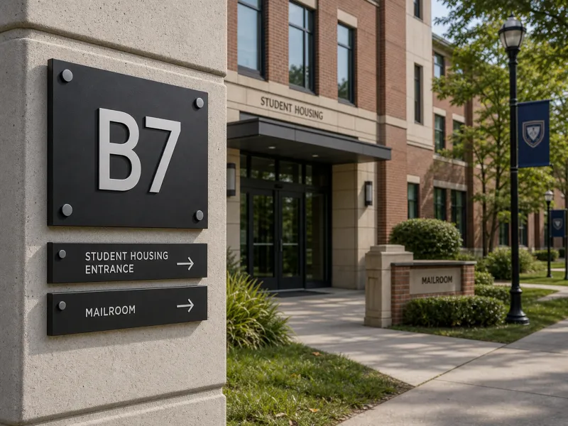 Durable custom address sign for campus building student housing mailroom and facility entrance