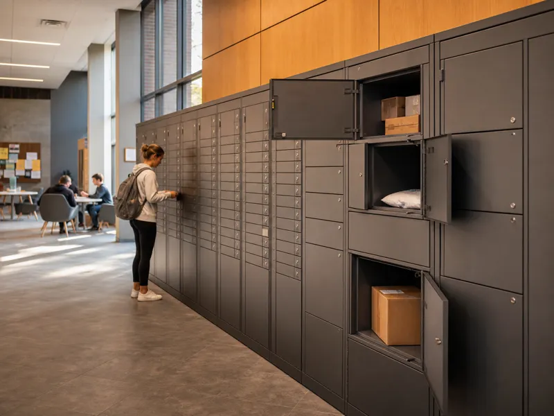 Campus parcel lockers and mailbox wall for student housing, university mailrooms, and shared delivery areas