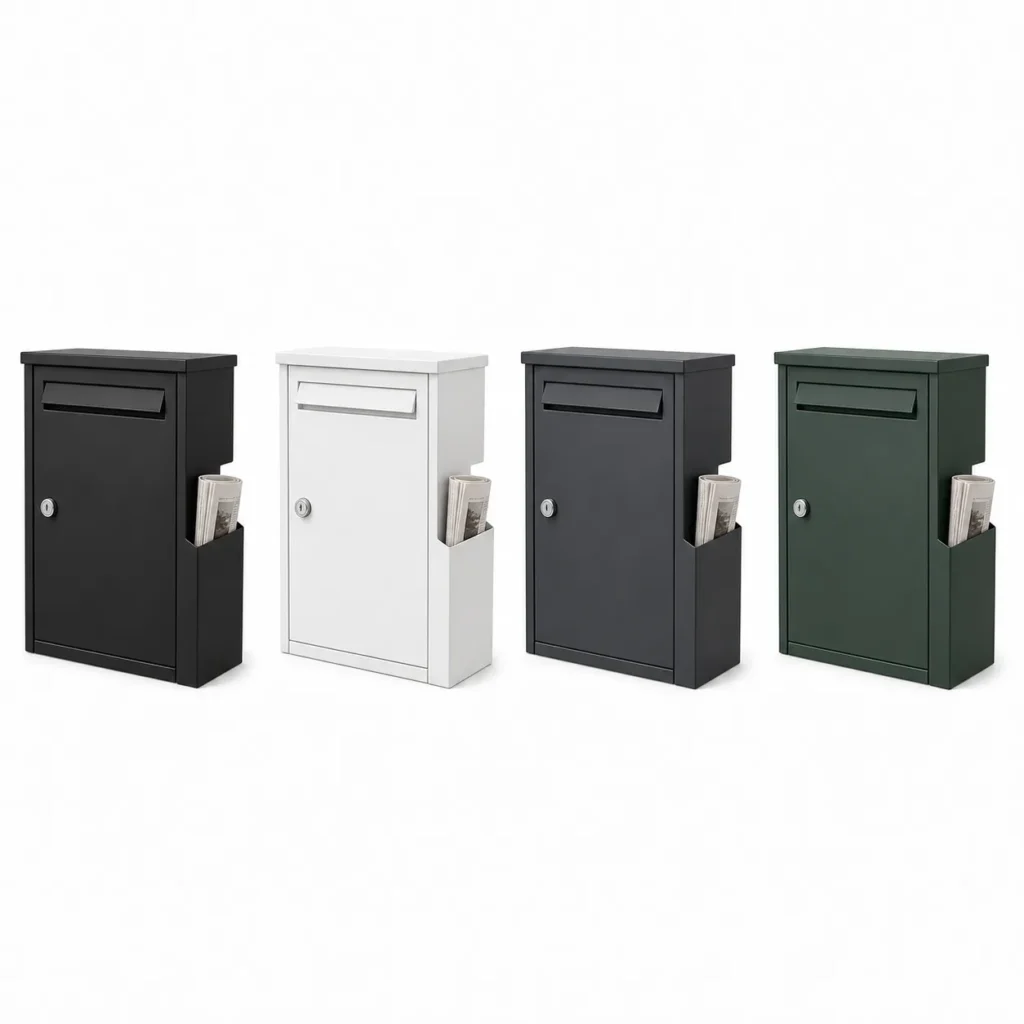 Wall mounted letterbox with newspaper holder shown in black white anthracite grey and green color options