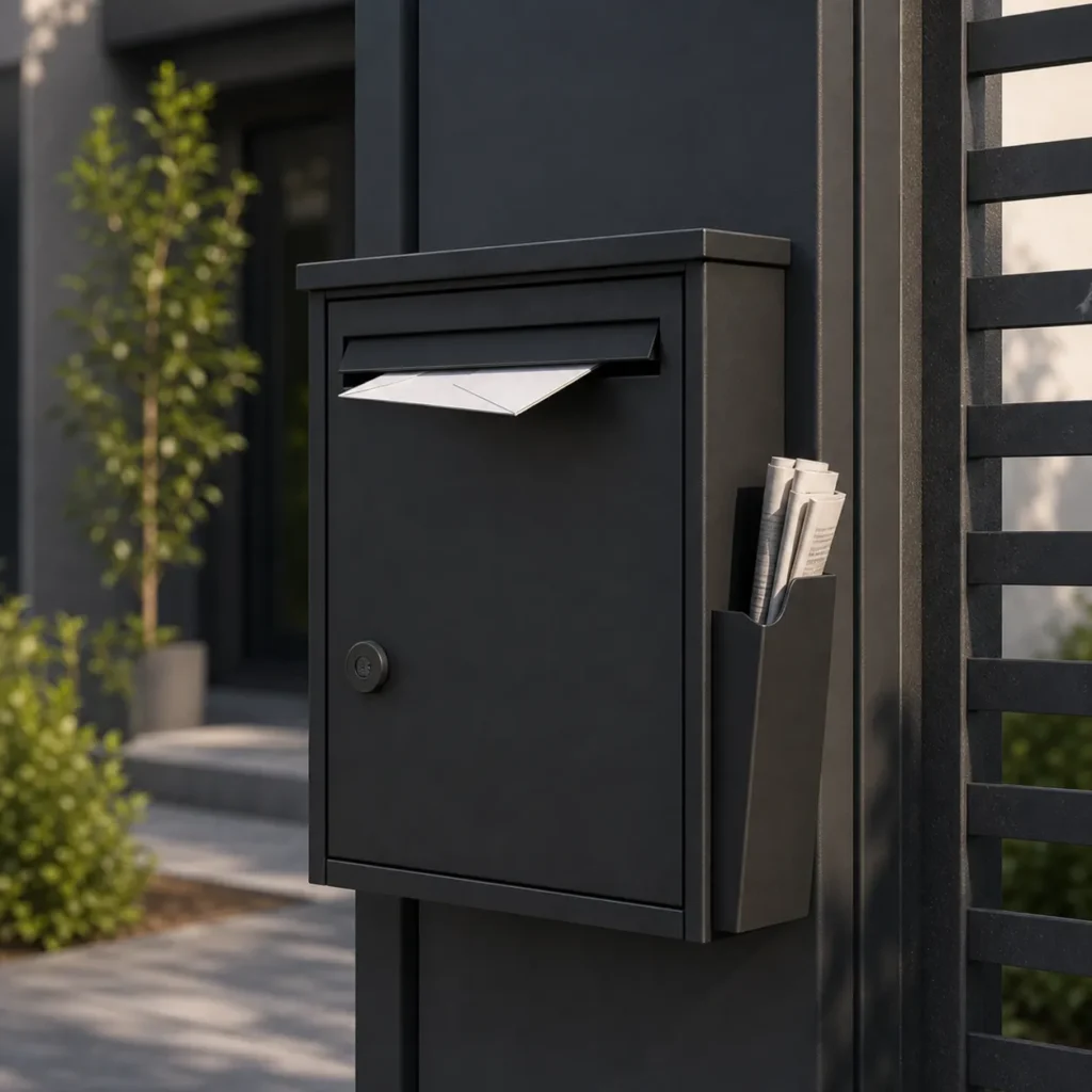 Close up of black wall mounted letterbox top mail slot with protective rain flap and front lock