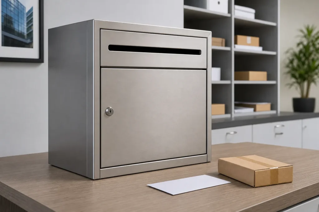 Wall mounted parcel box installed in a narrow office corridor for limited space delivery areas