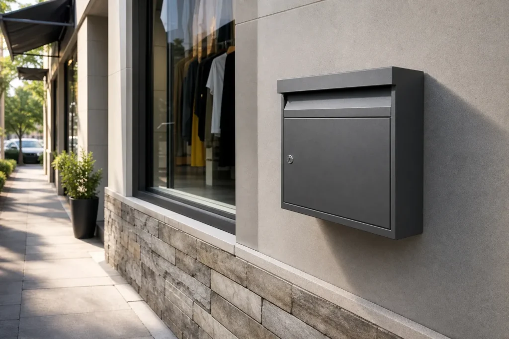 Wall mounted parcel box on a retail side wall for secure delivery where floor space is limited