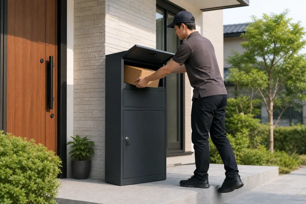 Drop Box for Modern Home Deliveries Courier placing a package into a secure metal parcel drop box outside a modern home