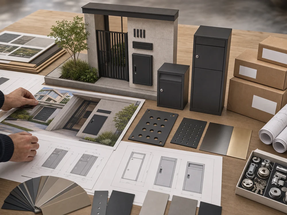 Architects reviewing coordinated mailbox, parcel box, signage, and house number samples with drawings and finish boards.