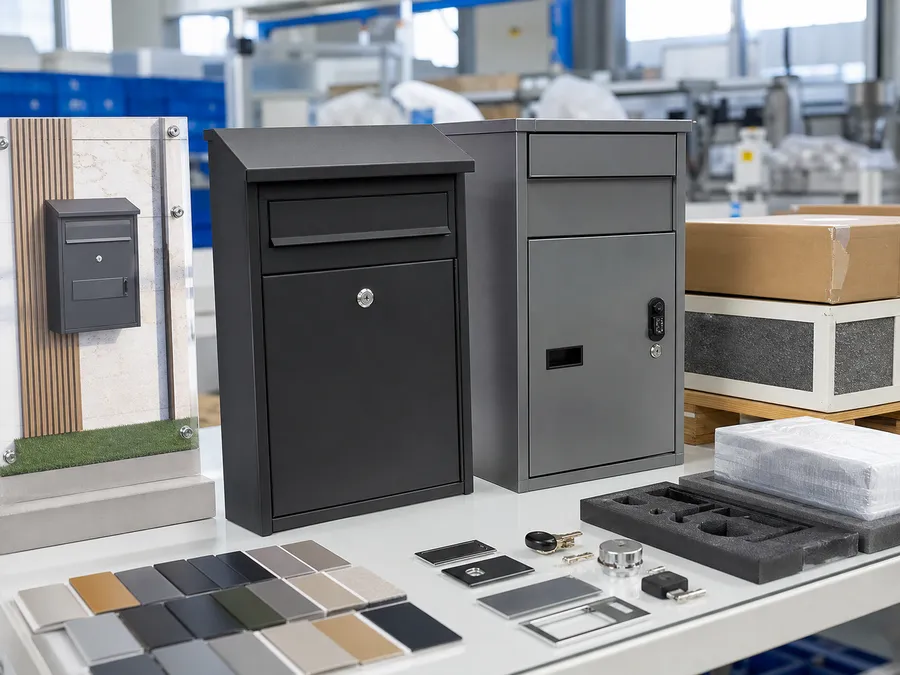 Approved mailbox samples with QC tools, finish swatches, accessories and packaging prepared for bulk production