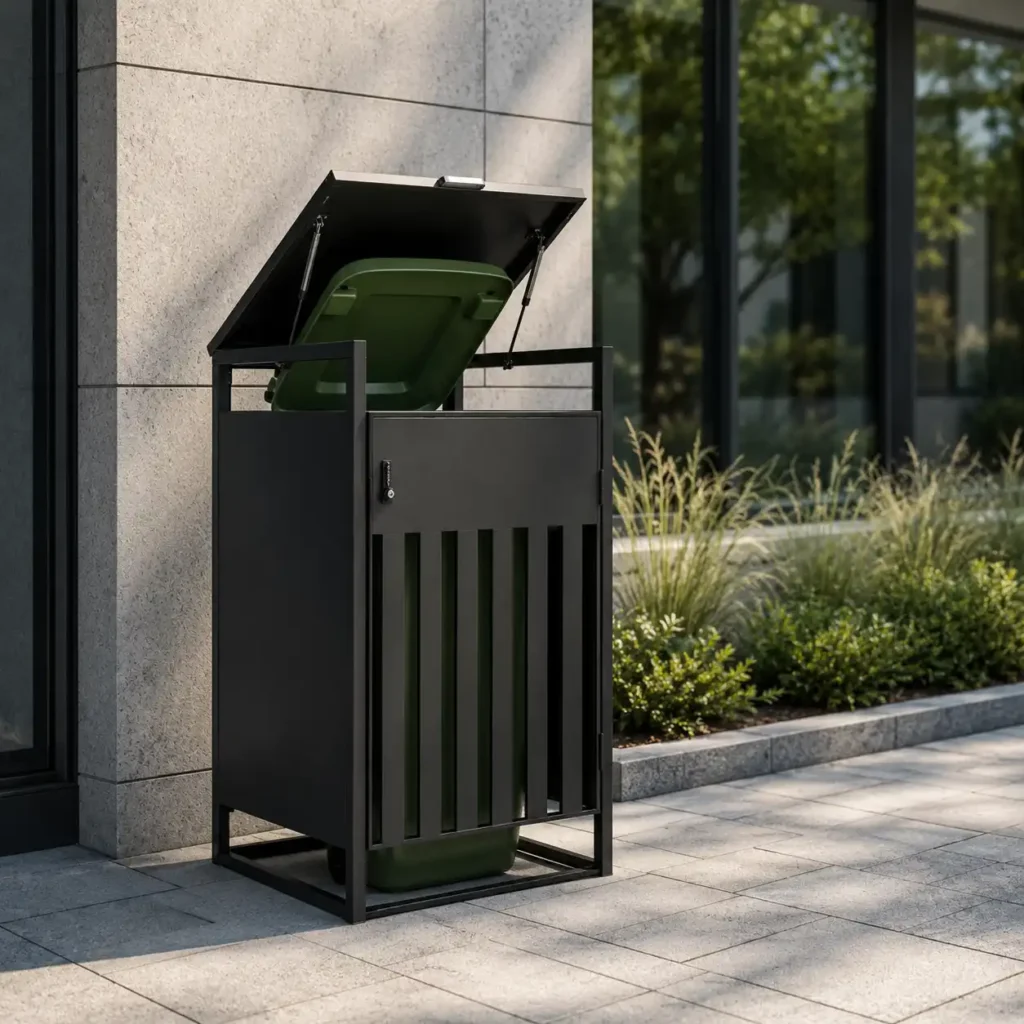 Black metal 1-bin trash bin enclosure with hydraulic lift lid outside a modern office building