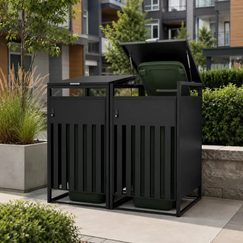 Black metal 2-bin trash bin enclosure installed in a landscaped apartment and HOA courtyard