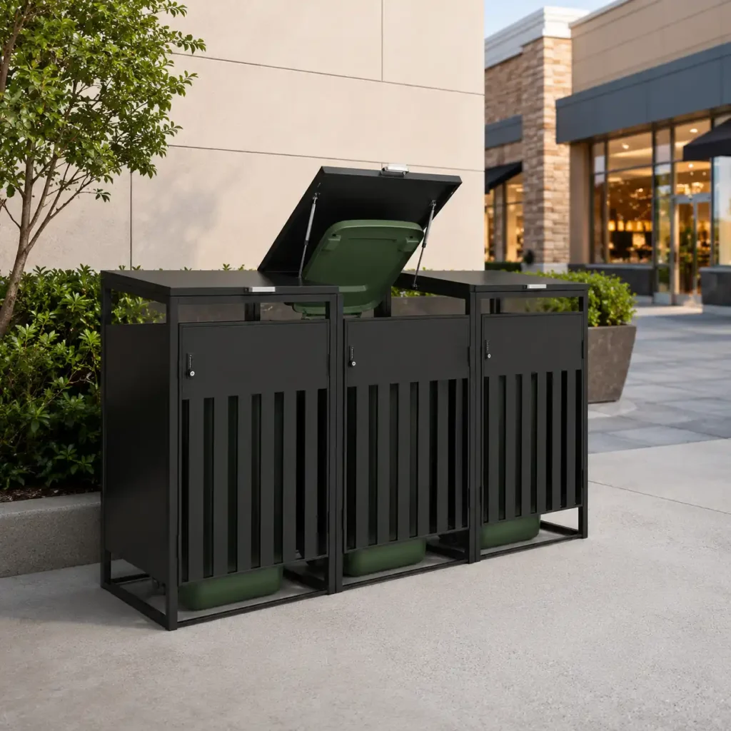 Black metal 3-bin trash bin enclosure for waste and recycling storage outside a retail center
