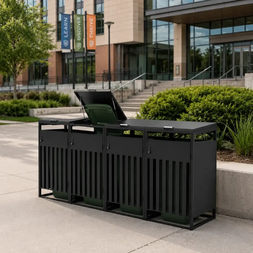 Black metal 4-bin trash bin enclosure with separate compartments on a modern university campus