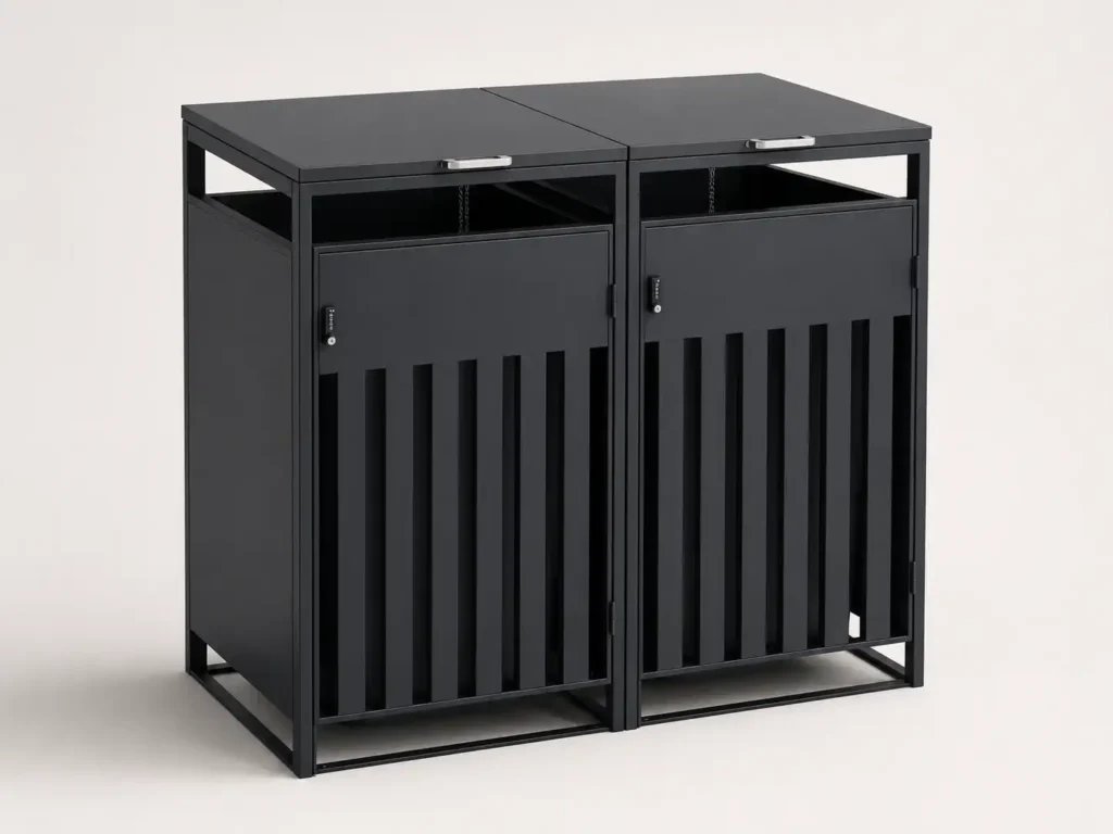 Matte black metal double trash bin enclosure with two front doors and top-opening lids