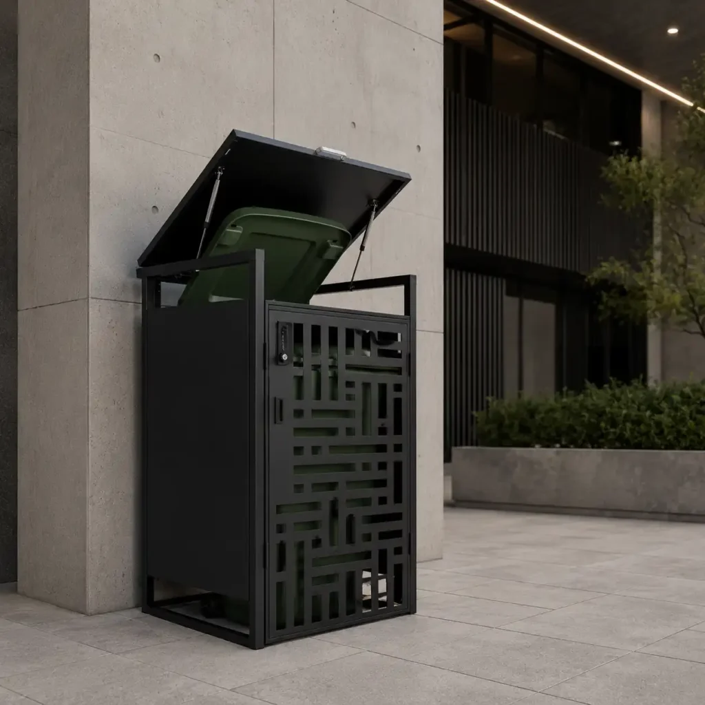 Custom black metal 1-bin trash bin enclosure with decorative front panel in a modern architectural setting