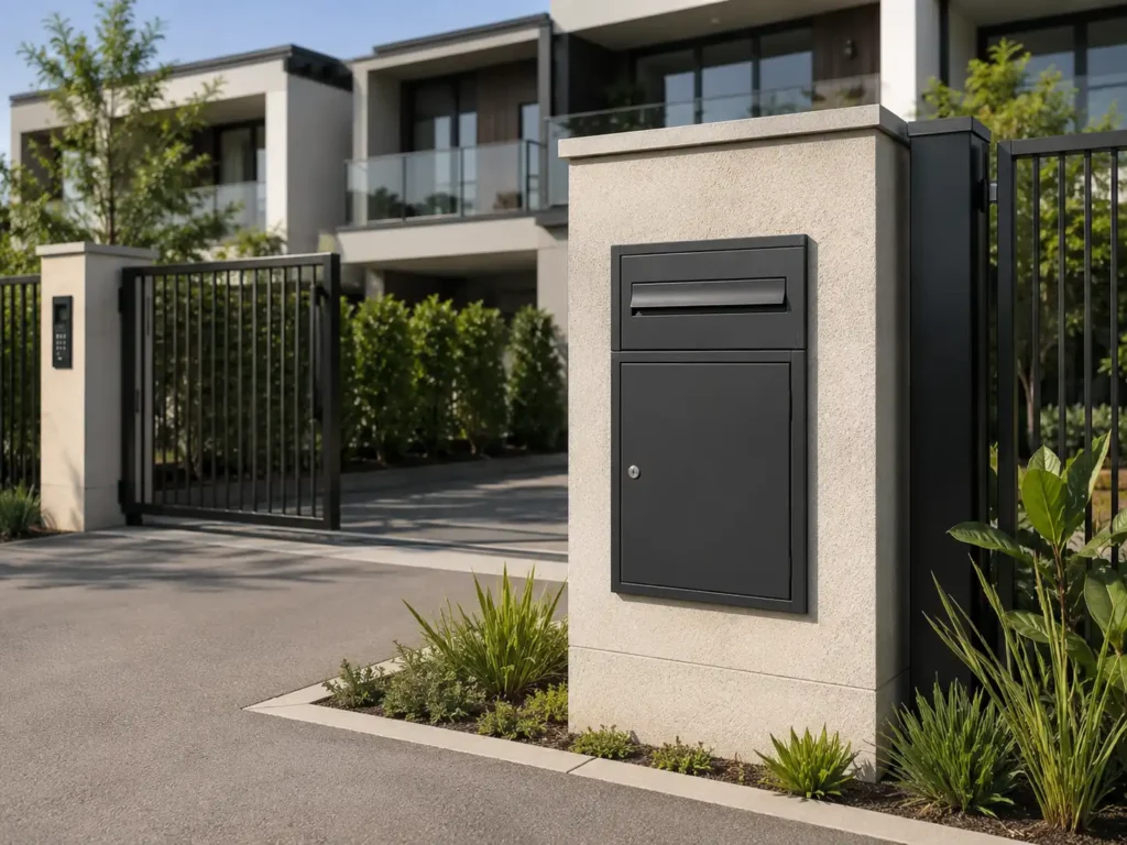 Black front access parcel box integrated into an entrance pillar at a modern gated residential development.