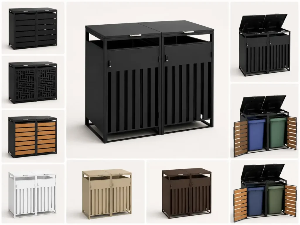 Custom metal trash bin enclosure with multiple sizes, colors, panel styles, locks, and hydraulic lift lid options