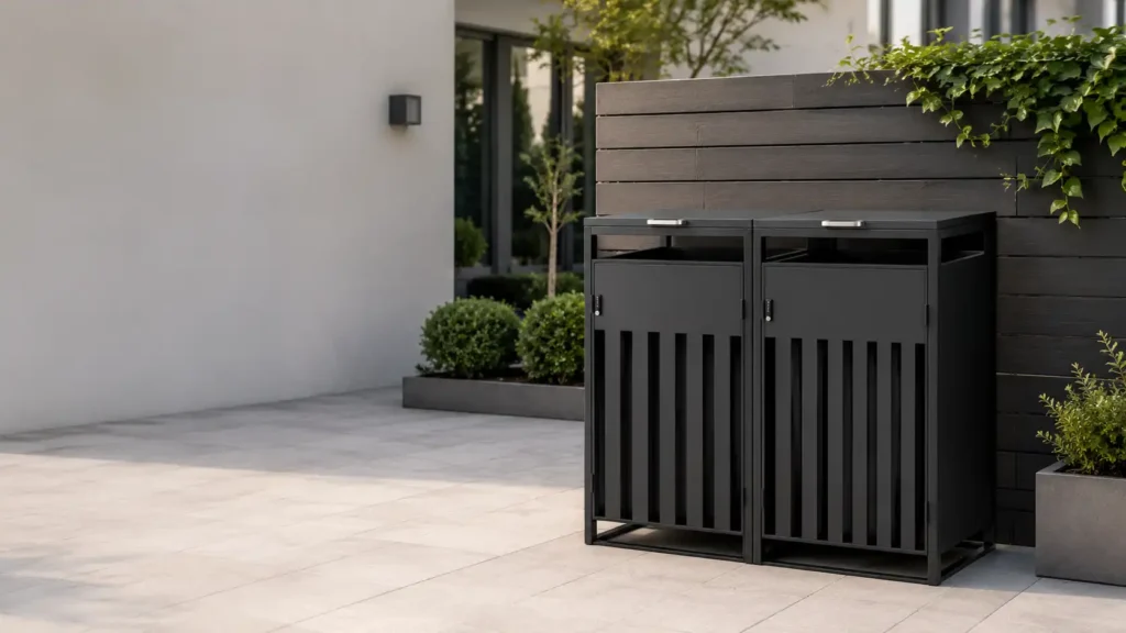 Black double trash bin enclosure installed in a modern outdoor patio with space for two wheelie bins