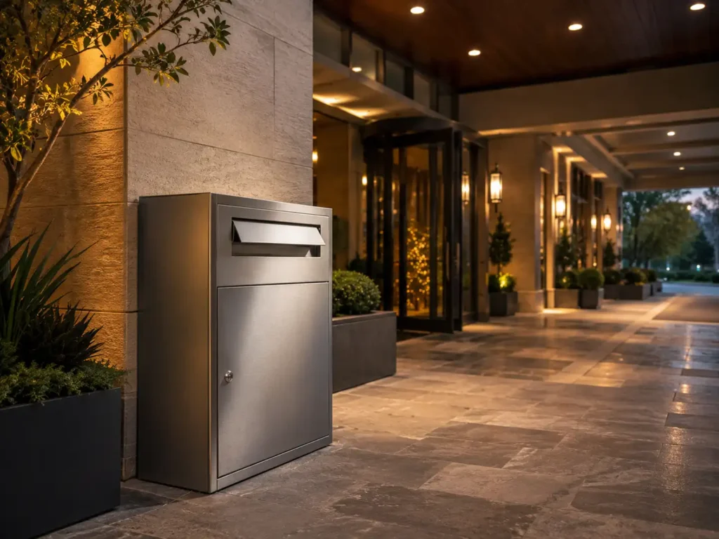 Outdoor front access parcel box placed beneath a covered hotel entrance for secure guest and property deliveries.