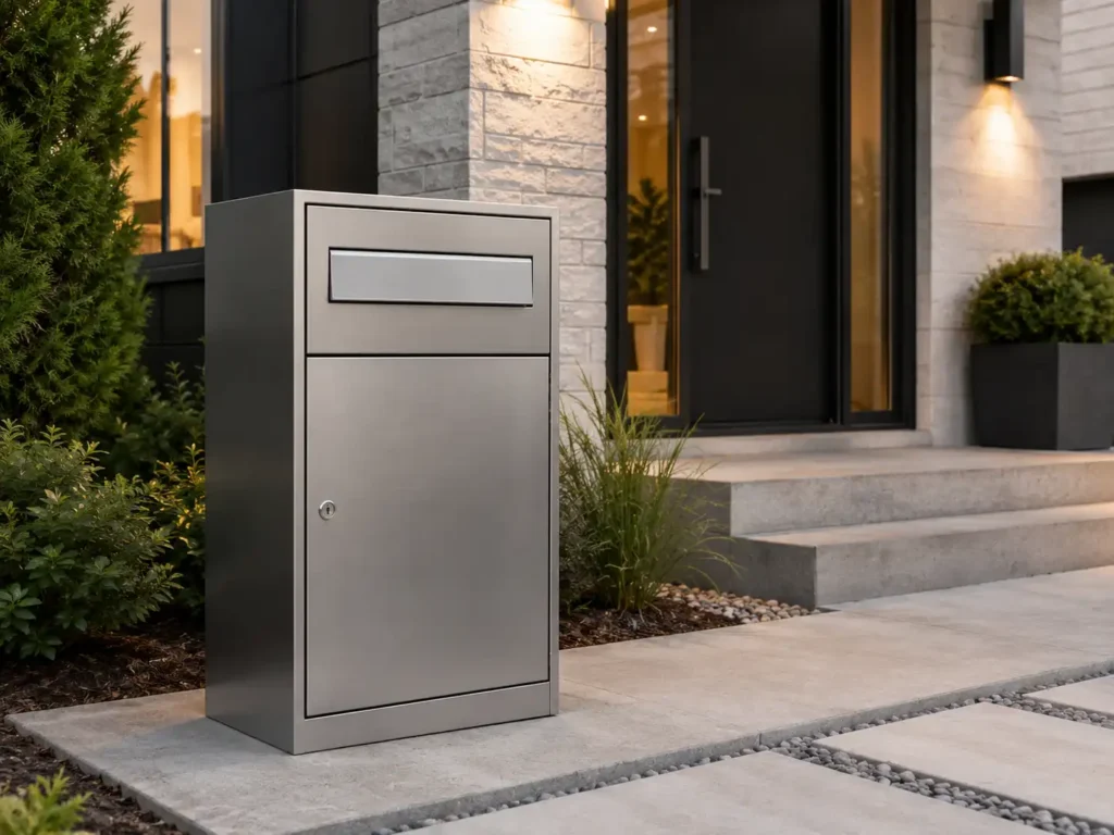 Outdoor stainless steel front access parcel box installed beside a modern home entrance for secure package deliveries.