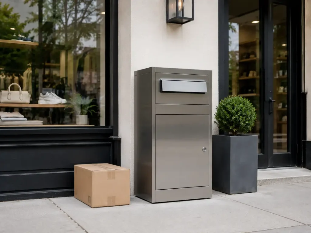 Metal front access parcel box installed beside a retail storefront for stock, returns and after-hours package deliveries.