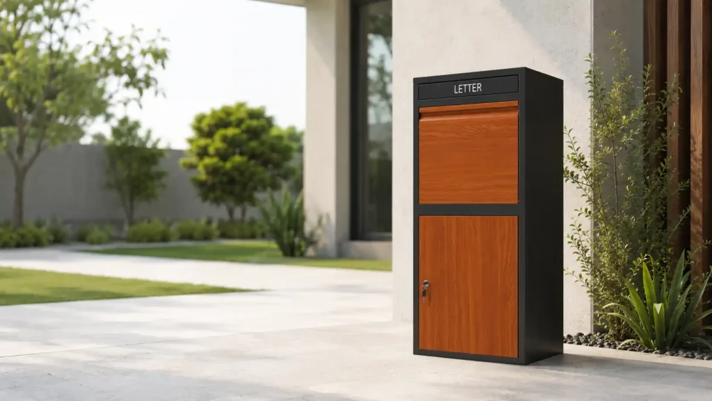 Black metal front access parcel box with wood-grain panels installed outside a modern residential entrance.