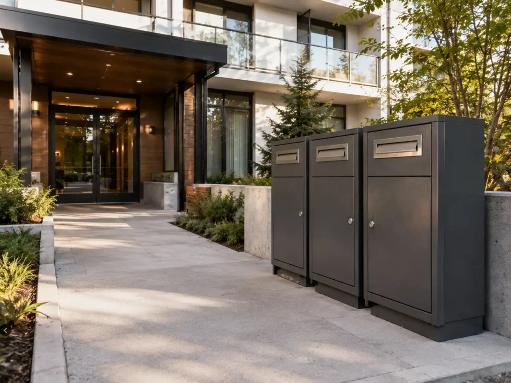 Multiple outdoor front access parcel boxes installed at a modern apartment building entrance for shared package delivery.