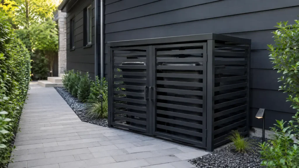 Black metal trash bin enclosure with two front doors hiding outdoor garbage cans beside a modern house