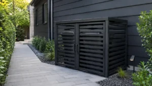 Black metal trash bin enclosure with two front doors hiding outdoor garbage cans beside a modern house
