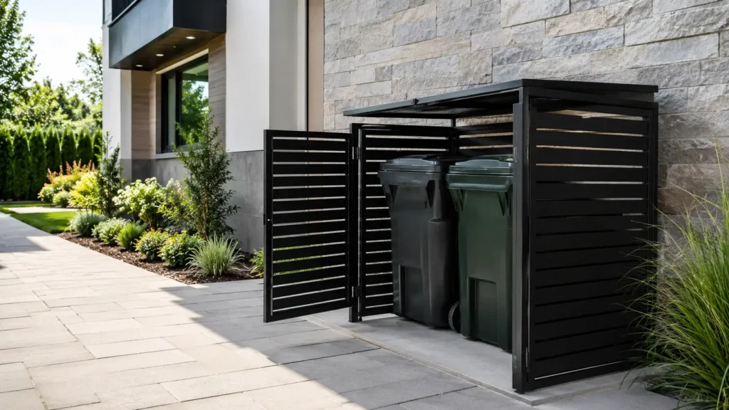 Modern black metal trash bin enclosure hiding two outdoor garbage cans beside a landscaped home