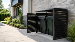 Modern black metal trash bin enclosure hiding two outdoor garbage cans beside a landscaped home