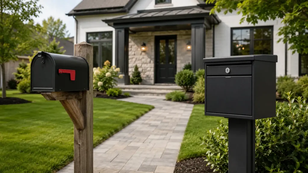Standard mailbox and locking mailbox outside a residential home showing secure mail delivery options