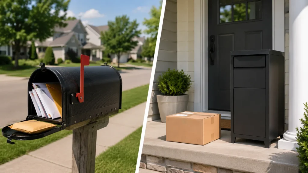Mailbox vs door delivery showing a traditional mailbox and a secure parcel box at a home entrance