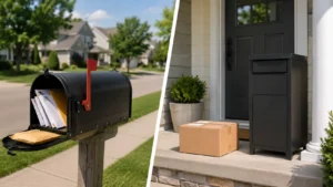 Mailbox vs door delivery showing a traditional mailbox and a secure parcel box at a home entrance