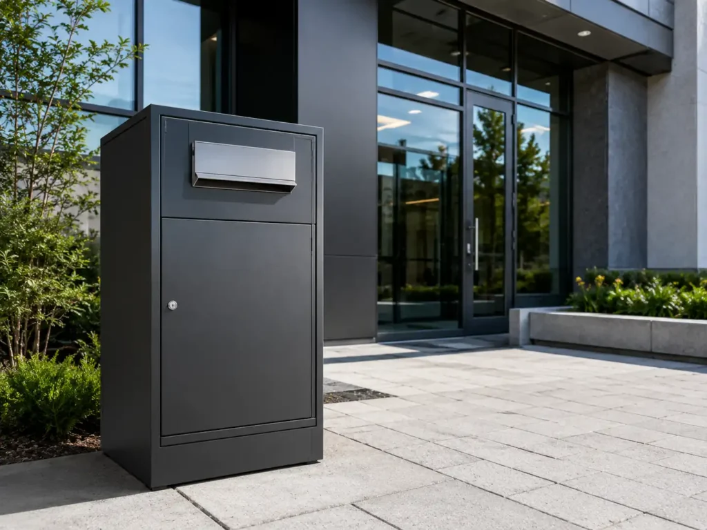 Black metal front access parcel box positioned outside a modern office entrance for secure business package collection.