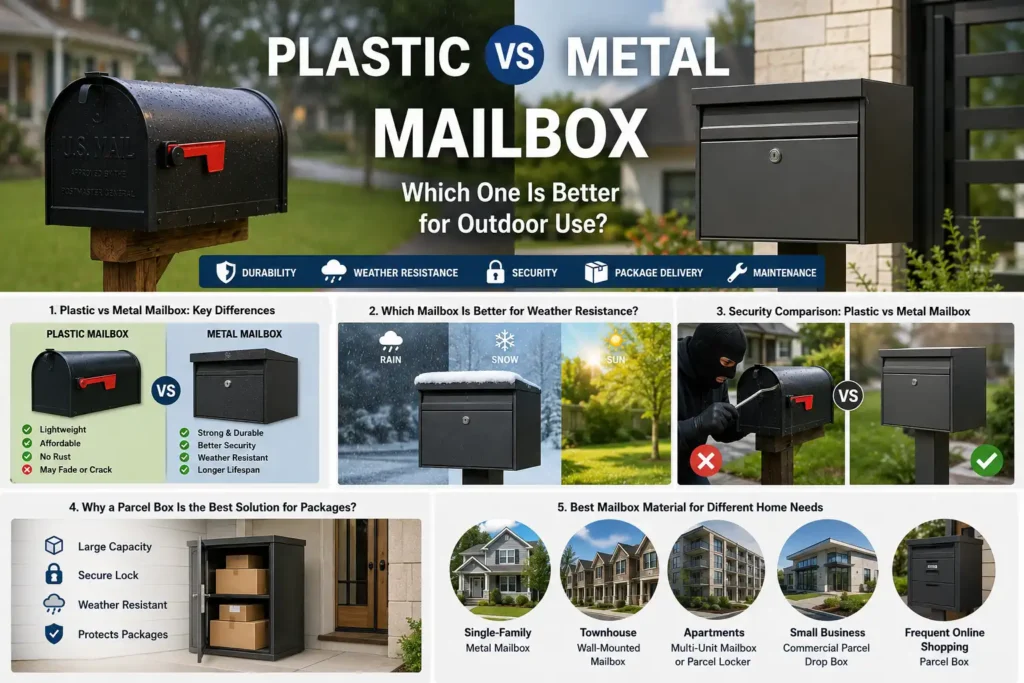 Plastic and metal mailboxes in front of a suburban home showing different outdoor mailbox material options