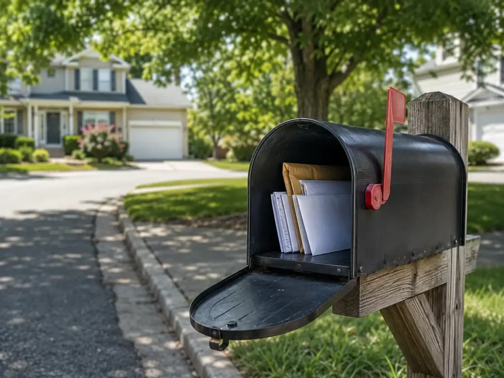 Standard residential mailbox with letters showing basic home mail delivery without a lock