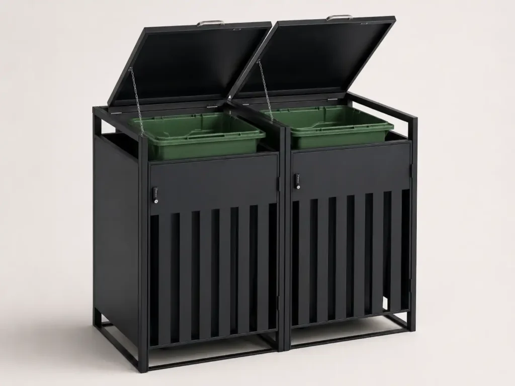 Black metal outdoor trash bin enclosure with hydraulic lift lid, lockable front doors, and easy roll-in access