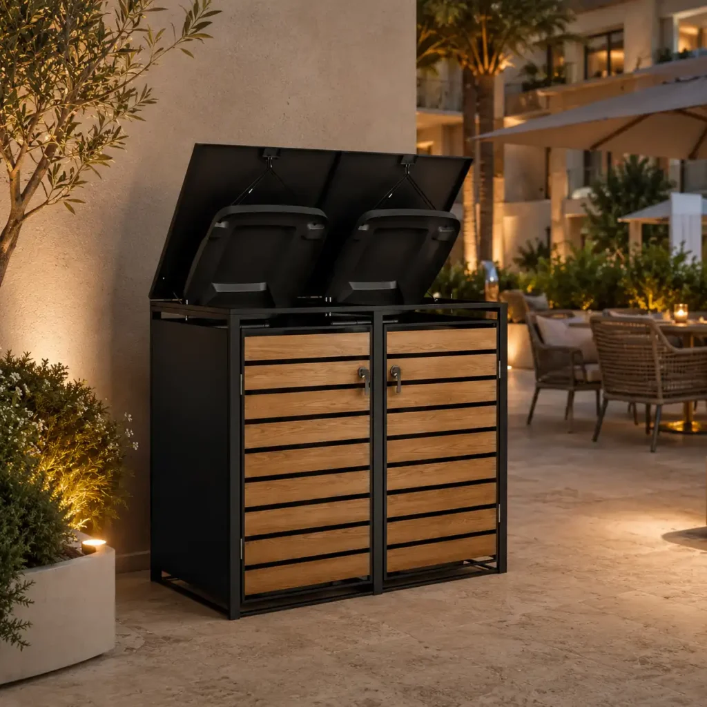 Premium 2-bin trash bin enclosure with wood-look slat doors in a hotel or restaurant patio setting