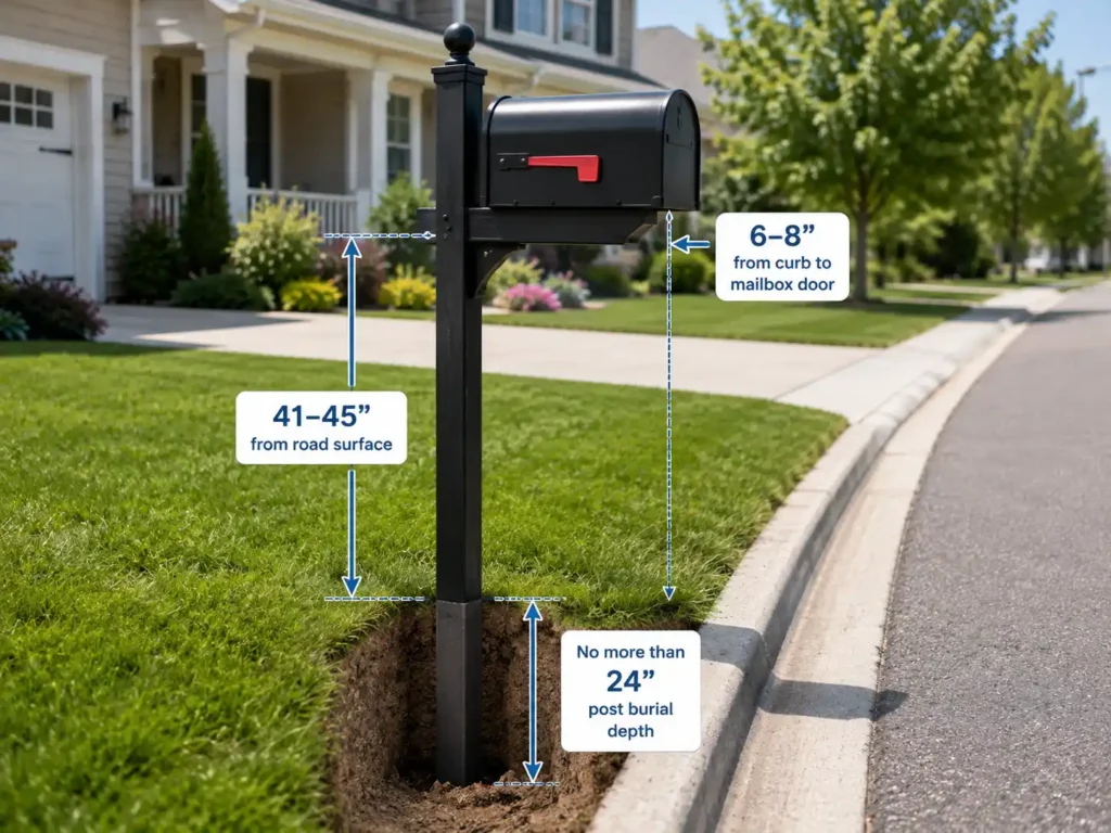 Setback and Burial Depth Mailbox post installation showing 41 to 45 inch height, 6 to 8 inch curb setback, and maximum 24 inch burial depth