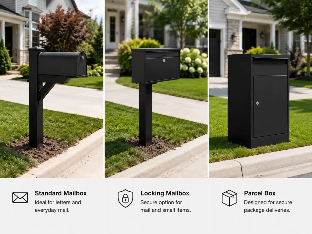 Comparison of a standard mailbox, locking mailbox, and parcel box for home delivery
