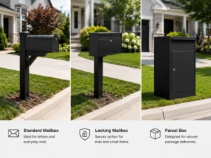 Comparison of a standard mailbox, locking mailbox, and parcel box for home delivery