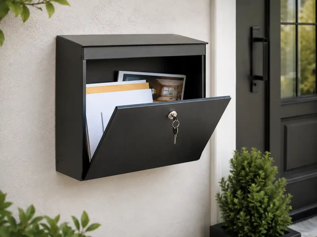 Homeowner checking mail from a black wall-mounted mailbox beside the front entrance