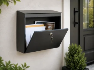 Homeowner checking mail from a black wall-mounted mailbox beside the front entrance