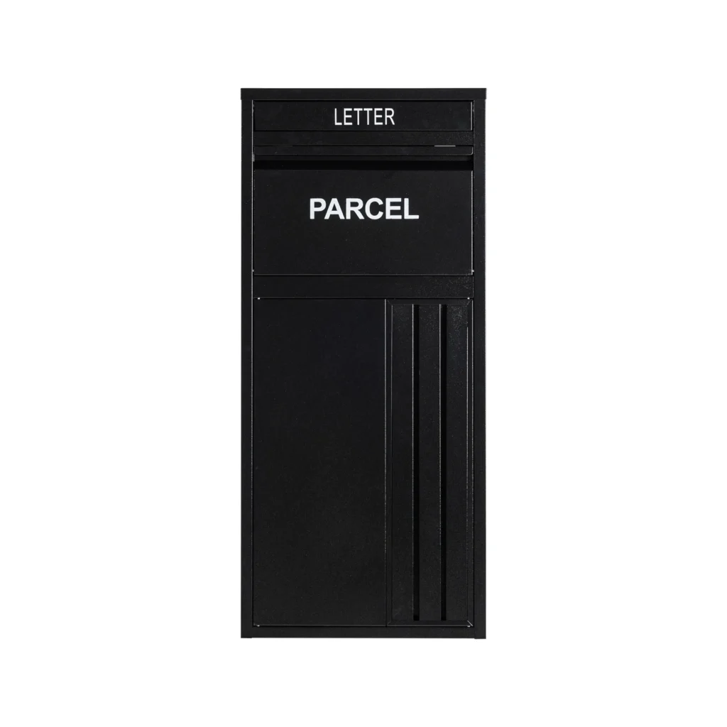 custom rear access parcel drop box in black | ra01