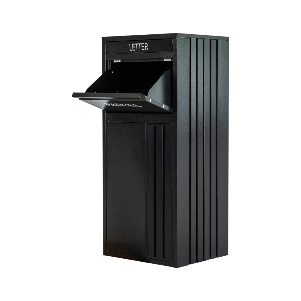custom rear access parcel drop box in black | ra01