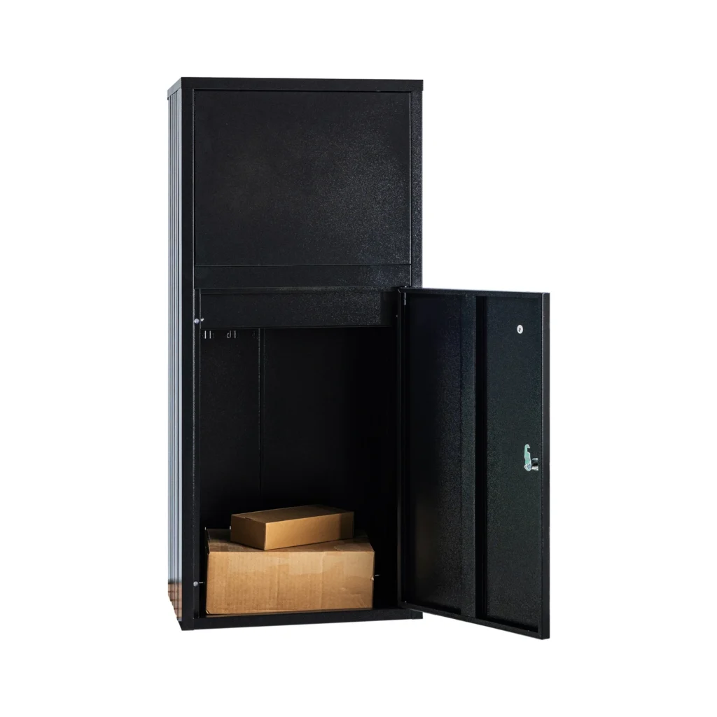 custom rear access parcel drop box in black | ra01