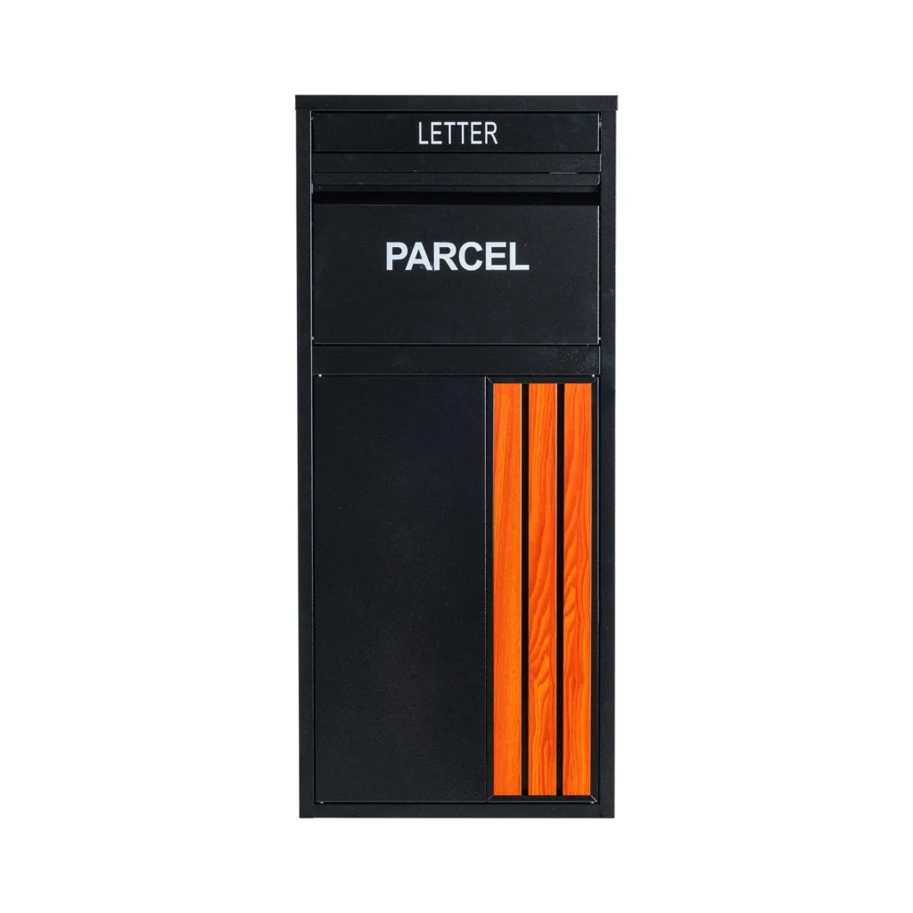 custom rear access parcel drop box in black & wood finish | ra02